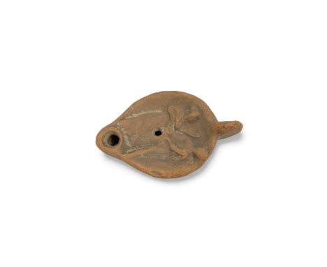 An Ancient Greek 'Athens' terracotta oil lamp, 10cm. Condition - fair