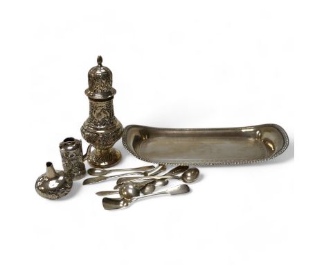 A George III silver snuffers stand, London, 1810, 22.8cm, together with sundry silver flatware, a silver sugar caster, a mini