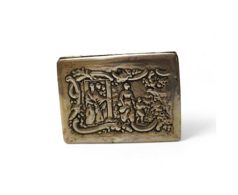 A late 19th century Dutch embossed white metal rectangular snuff box, 83mm, 107 grams. Condition - poor
