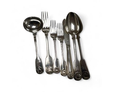 A pair of early Victorian Scottish silver tablespoons, John Pringle, Edinburgh, 1838, a silver fish knife, three assorted 19t