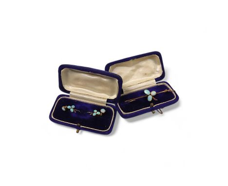 A 9ct and three stone white opal and single stone ruby set bar brooch, 58mm, together with a pair of yellow metal and opal cl