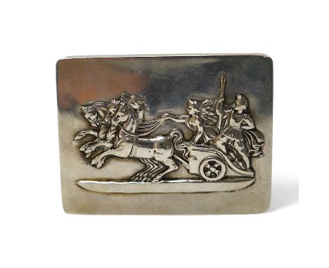 A German 800 standard white metal snuff box, the cover embossed with chariot scene, 78mm. Condition - fair to good