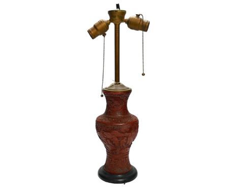 A 19th century Chinese cinnabar lacquer table lamp, 53cm high. Condition - good