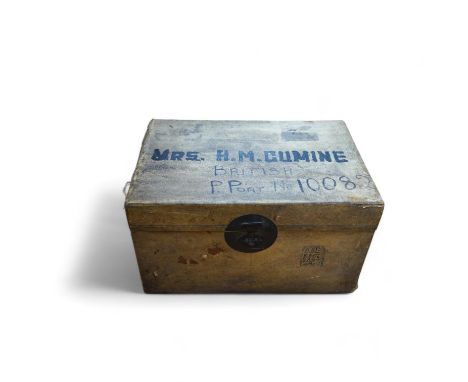 A vellum bound trunk, Chinese label to interior, 42cm wide, 24.5cm high. Condition - poor