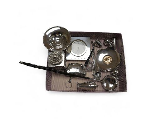 Sundry small silver including a late Victorian silver tea caddy (lid stuck), purse, tazza, modern timepiece, dish with inset 