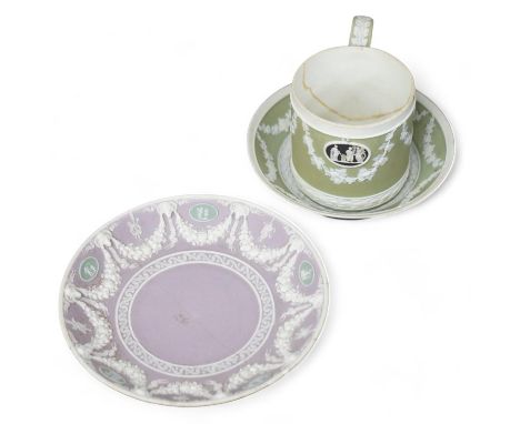 A Wedgwood three colour, green ground jasper cup and saucer and a single lilac ground saucer, early 19th century, 13.5cm. Con