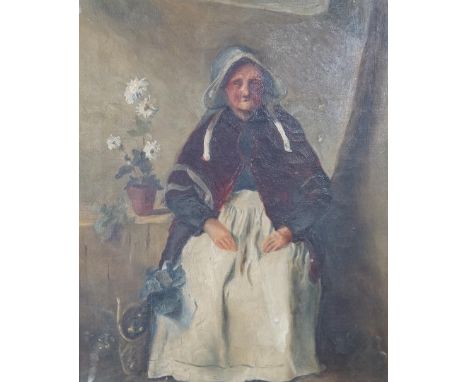 Early 20th century English School, oil on canvas, Portrait of a seated Flemish elderly lady in an interior, 29 x 24cm, gilt f