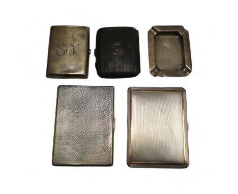 A George VI engine turned silver cigarette case, with yellow metal band, London, 1938, 11.4cm, four other silver cigarette ca