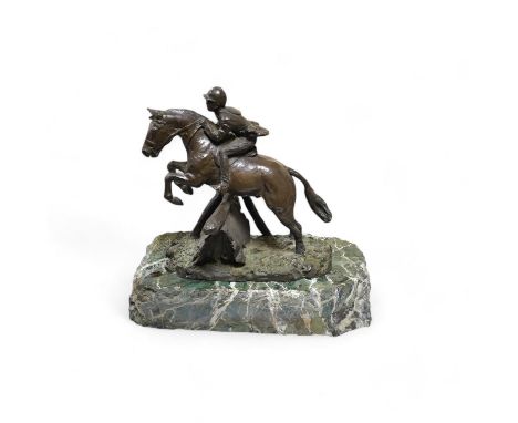June Harrah (American), bronze group of a racehorse and rider, on a naturalistic green marble base, 30cm high, with paperwork