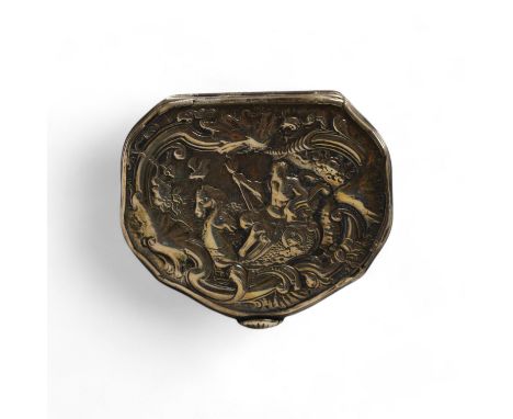 A George II embossed silver cartouche shaped snuff box, maker D?, London, 1741, 66mm,  67 grams. Condition - poor