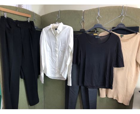 A GENNY BLACK WOOL SKIRT GB 34, A PAIR OF BLACK JOSEPH TROUSERS SIZE 42, A BLACK RENA LANGE T-SHIRT, A PAIR OF SAHZA BLACK TR