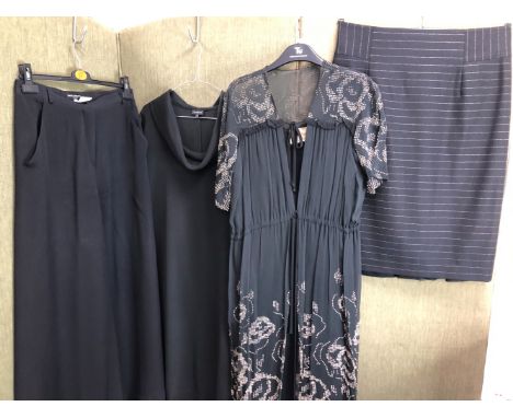 A PAIR OF WIDE LEGGED BLACK TROUSERS BY MARIO BORSATO COUTURE SIZE 44 AND A BLACK MARIO BORSATO JACKET WITH GOLD ANIMAL PRINT