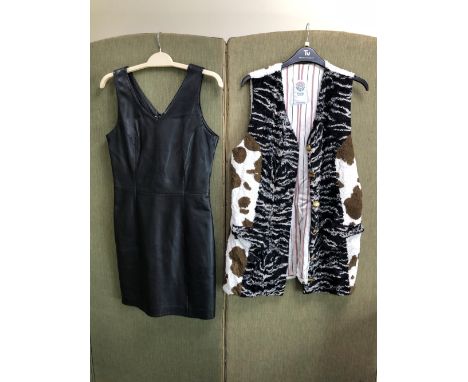 A SKIN TONES SHORT LEATHER BLACK DRESS SIZE 10, TOGETHER WITH A TOM GILBEY SAVILE ROW ANIMAL PRINT WAISTCOAT SIZE 38 (2)