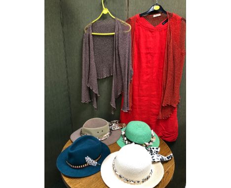 A M&amp;S COLLECTION BURNT ORANGE  DRESS SIZE 10, TWO LIGHT WEIGHT MESH STYLE CARDIGANS AND FOUR HATS TO INCLUDE SOMAS, CAMAL