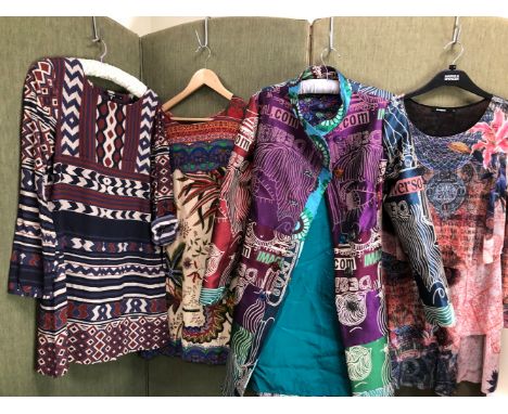 A DESIGUAL MULTI COLOURED MULTI PATTERNED MULTI PRINT COAT SIZE 42, TOGETHER WITH  TWO TUNIC DRESSES BY THE SAME DESIGNER SIZ