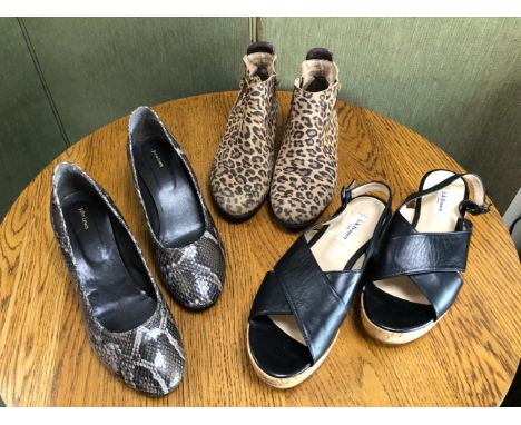 SHOES: A PAIR OF L.K BENNETT CORKED PLATFORM BLACK SANDALS EU SIZE 41, TOGETHER WITH A PAIR OF RUSSELL &amp; BROMLEY ANIMAL P