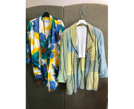 A GIDEON OBERSON MULTI COLOURED LIGHT WEIGHT JACKET TOGETHER WITH A ENRICO COVERI ITALY SUEDE EFFECT BLUE AND GREEN COAT SIZE