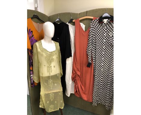 A GOTTEX BLACK AND WHITE CHECK LONG SLEEVED SHEER DRESS SIZE SMALL AND A LA PERLA SIZE 44 BLACK DRESS WITH BEAD APPLIQUE, A F