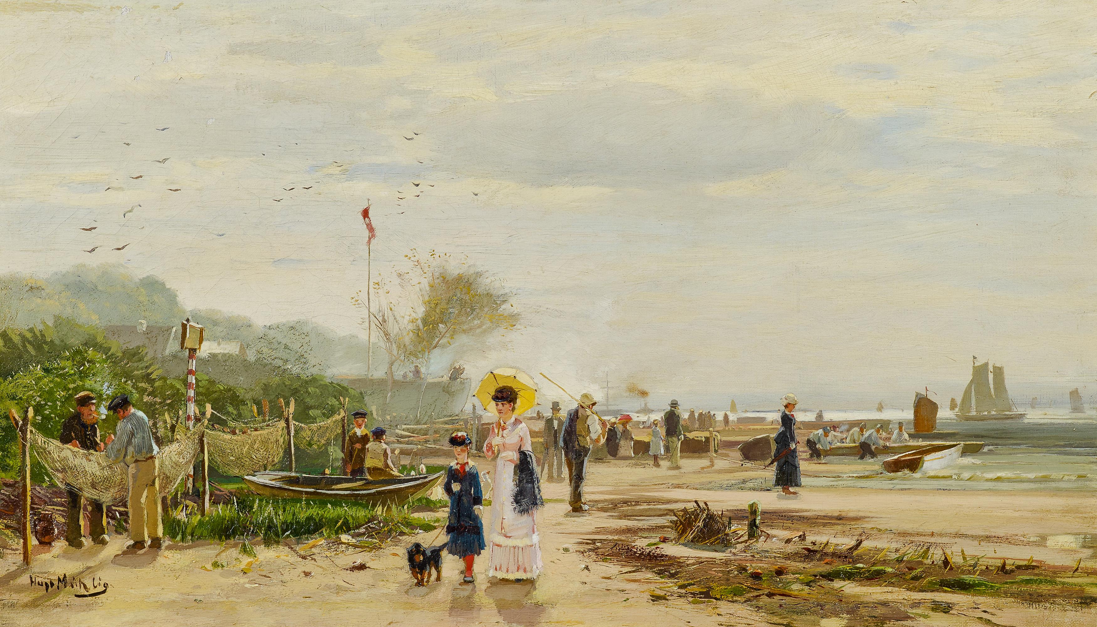 Muhlig Hugo1854 Dresden 1929 Dusseldorf Spaziergang An Der See Ol Auf Leinwand 25 X 42cm S