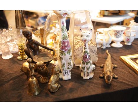 Collection of glass, brass and ceramic figurines includes cats and crocodiles. This lot is not available for in-house P&amp;P