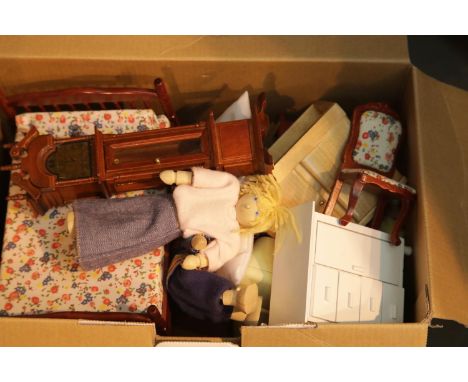 Box of dolls house furniture and figurines. P&amp;P Group 2 (£18+VAT for the first lot and £2+VAT for subsequent lots) 