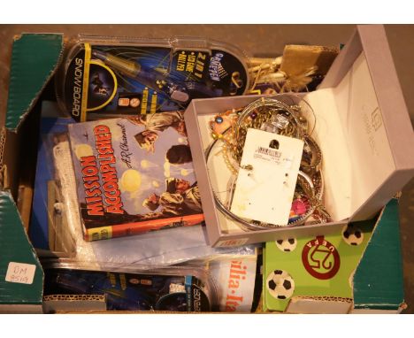 Box of football ephemera and costume jewellery. This lot is not available for in-house P&amp;P. 