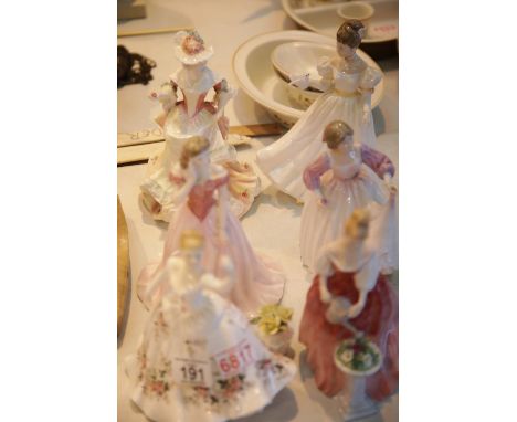 Six Royal Doulton/Coalport figurines. This lot is not available for in-house P&P.Condition Report: Royal Doulton Kathleen has