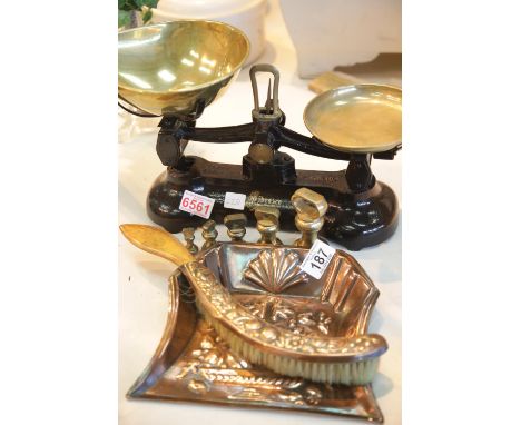 Cast iron kitchen scales, weights, a copper crumb brush and a tray. This lot is not available for in-house P&amp;P. 