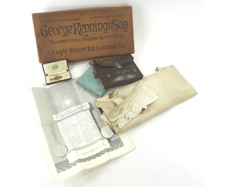 Various Masonic regalia, to include jewels set with star, in fitted case, 11cm W, further leather case, sash complete with re