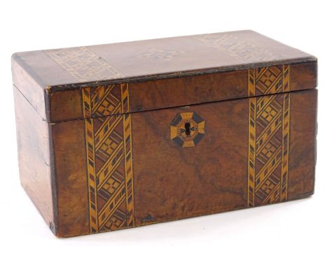 A Victorian walnut and parquetry tea caddy, the hinged lid enclosing two lidded divisions, 33cm W.