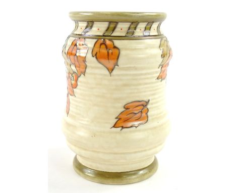 A mid 20thC Crown Ducal Charlotte Rhead vase, of tube lined outline decorated with autumnal leaves with an upper banding pred