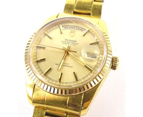 A 1980s Tudor Oyster Prince Date-Day gentleman's watch, in gold plate, having gold brushed dial with applied gilt stick marke