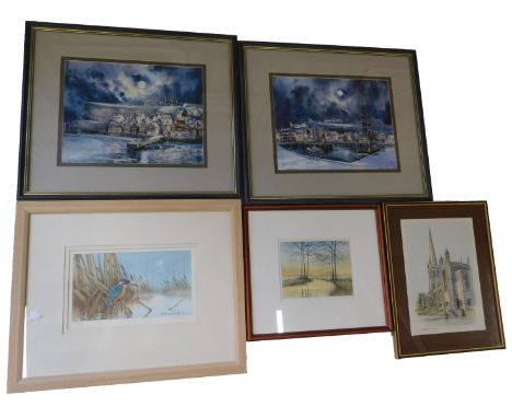 After R A Massey. Kingfisher, artist signed limited edition print, 18cm x 29cm, another work by the artist and a pair of prin