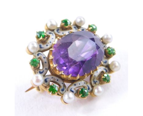 An amethyst set bar brooch, with white enamel surround, set with peridot and seed pearls, in a yellow metal frame, marked 15c