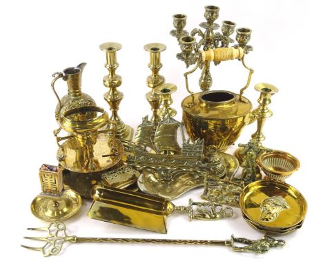A quantity of metalware, to include a five branch candelabra, candlesticks, kettle on stand, Eastern coffee pot, unusual triv