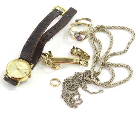 Various jewellery, to include two silver chains, a silver and yellow metal dress ring, a gold plated watch chain, a Seiko lad