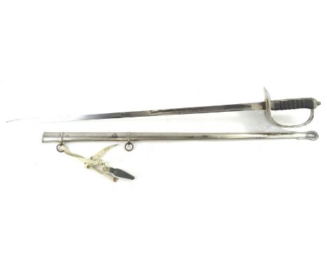 A George V dress sword, with basket guard, turned handle, compressed orb pommel, plain scabbard and partially etched blade, 1