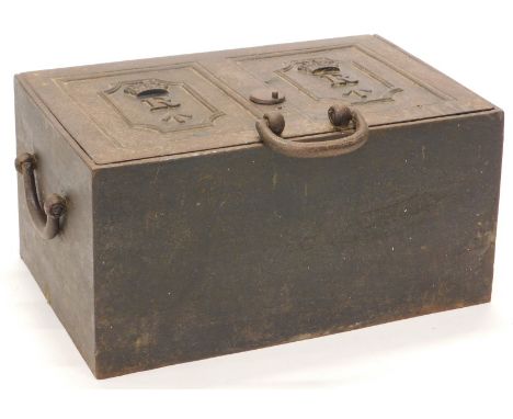 An early 19th century cast iron Revenue military strong box, with queens crown mark, letter R &amp; military arrow heads (x2)