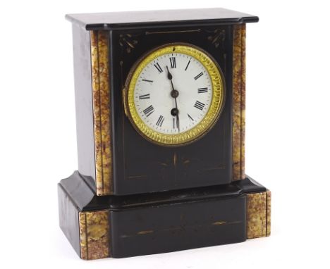 A French black slate and marble mantel timepiece, the white enamel dial with Roman numerals, 24cm W.