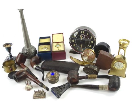 Various bygones collectables, smoking pipes 24cm W, egg timer clock, spectacles in case, ornaments etc. (a quantity)