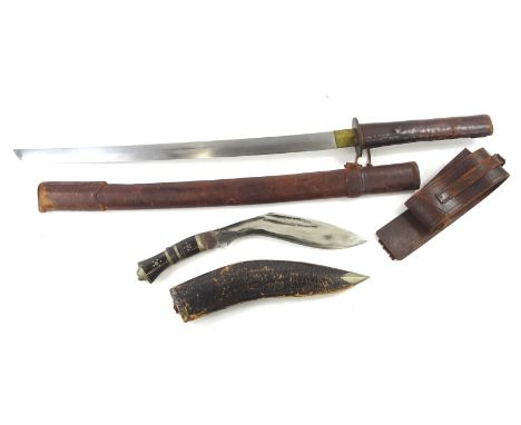 A 20thC Japanese Samurai style sword, with brown leather scabbard, plain blade and leather handle, belt fitting, 98cm W, and 