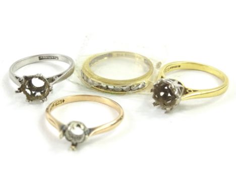 Four various rings, to include an 18ct gold single stone ring mount, a platinum ring mount and a 14ct gold ring mount and an 