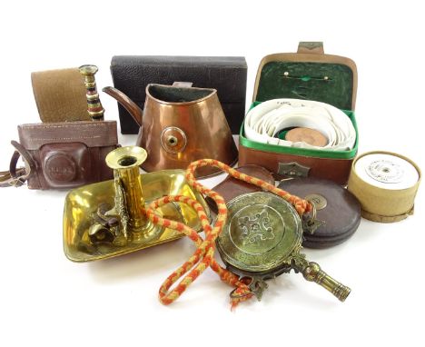A collection of items, to include a copper half moon shaped kettle, collars, leather boxes, a Yorkshire bank money box, Ilfor