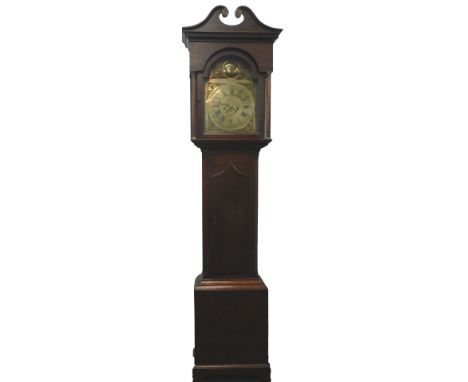 A late 18th/early 19thC longcase clock, the arched brass dial signed J Salter Oswestry with an eight day four pillar movement