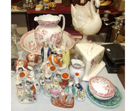 A Grimwades 'Poppea' decorated toilet jug, basin, soap dish and toothbrush holder, a late-19th century wedge-shaped cheese di