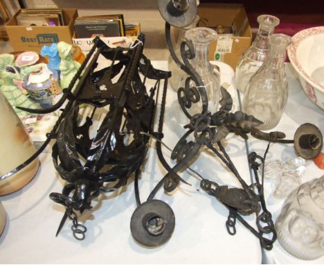A black-painted hanging light fitting of lantern form, 65cm, a painted three-branch hanging light fitting and five various gl