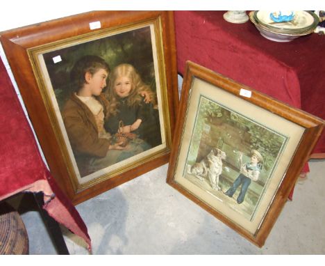 A framed coloured print, 'Little Sweethearts', in maple frame, 61 x 45cm and another, 'Bubbles', depicting a young boy in a s