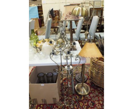 A brass hanging oil lamp, 64cm high, (a/f), an oak table lamp, other light fittings, glassware, etc.