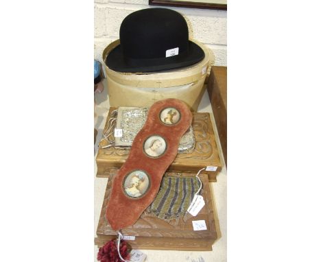 A Moores Gold Star brand bowler hat, size 6¾, three oval miniatures of 19th century ladies, two signed 'Ruby', framed as one,