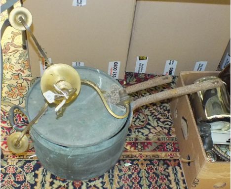 A large copper saucepan and lid with metal handle and impressed military arrow, 35cm diameter, 21cm high and a metal three-br